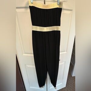 Regine Chevallier Black and Gold Strapless Jumpsuit